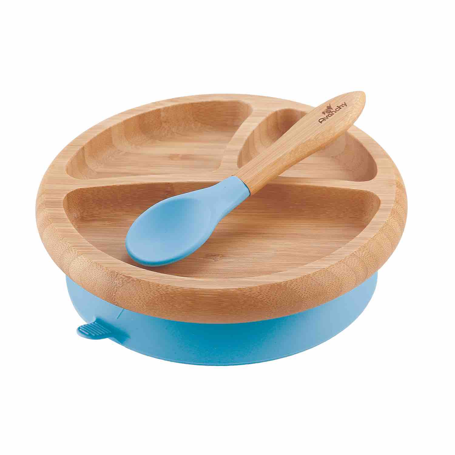 Avanchy Stay Put Baby Bamboo Suction Plate & Spoon | Blue